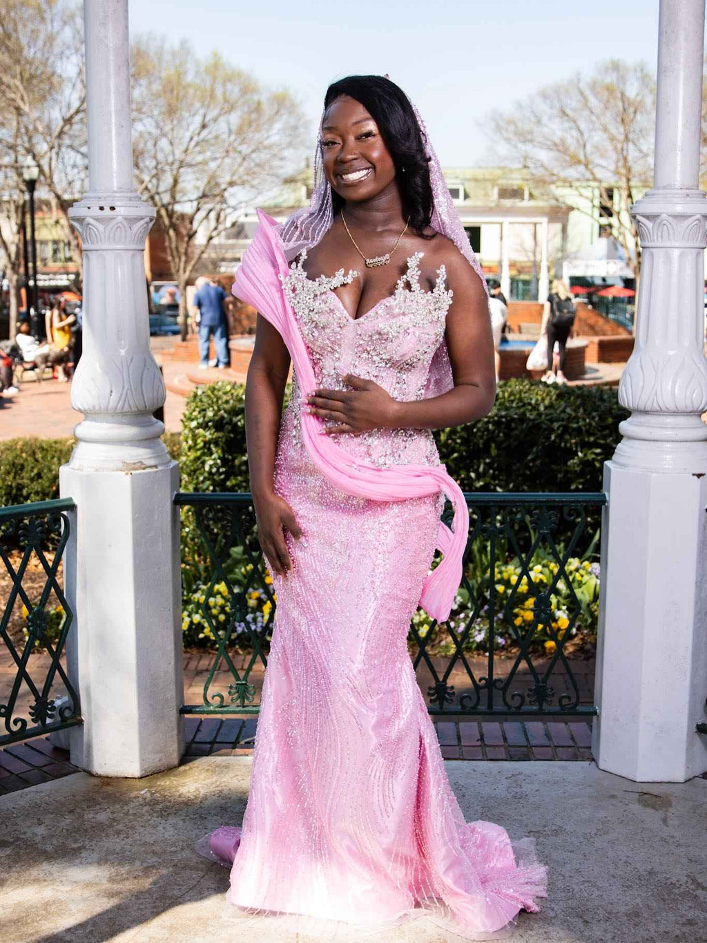 Pink Glow - Sequin Beaded Mermaid Prom Dress with Draped Chiffon Wrap