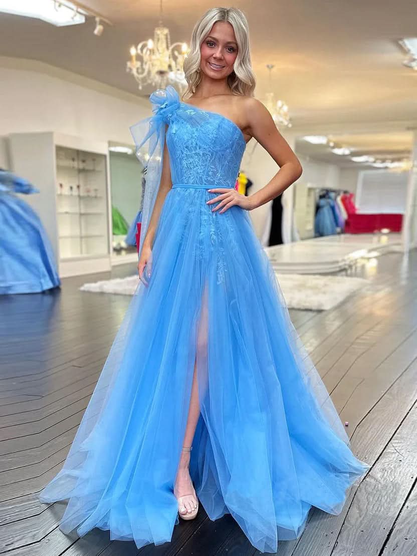 Cute A Line One Shoulder Blue Tulle Prom Dress with Appliques BM bride