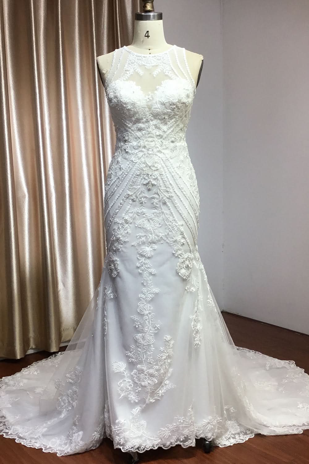 Mermaid Scoop Neck Jewel Wedding Dress with Beadings and Appliques BM bride