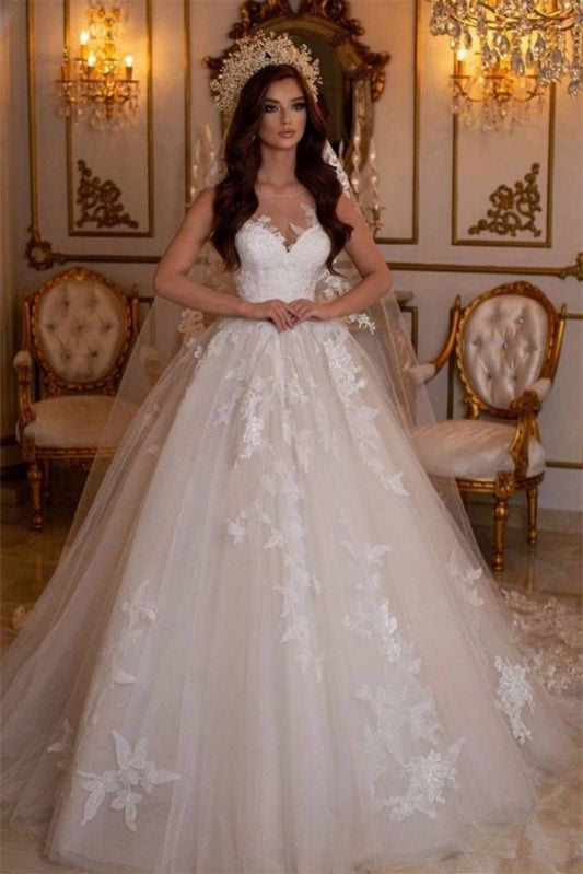 Sweetheart Tulle Ball Gown Wedding Dress with Floral Embroidery BM bride