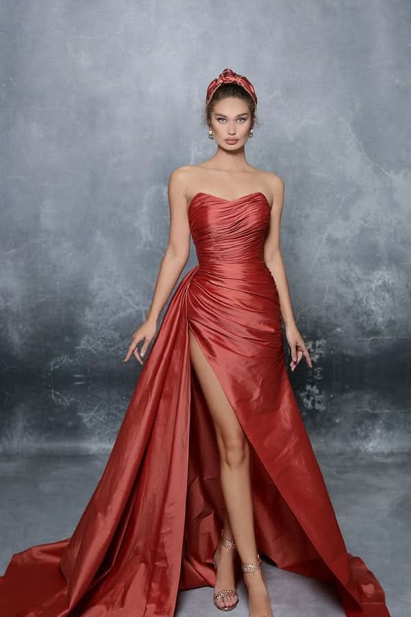 Blue Elegant Strapless Sleeveless Prom Dress with Slit Pleats BM bride