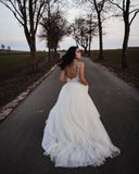 Simple Long A-Line V-Neck Tulle Wedding Dress with Appliques BM bride