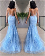 Sky Blue Halter Mermaid Prom Dress BM bride