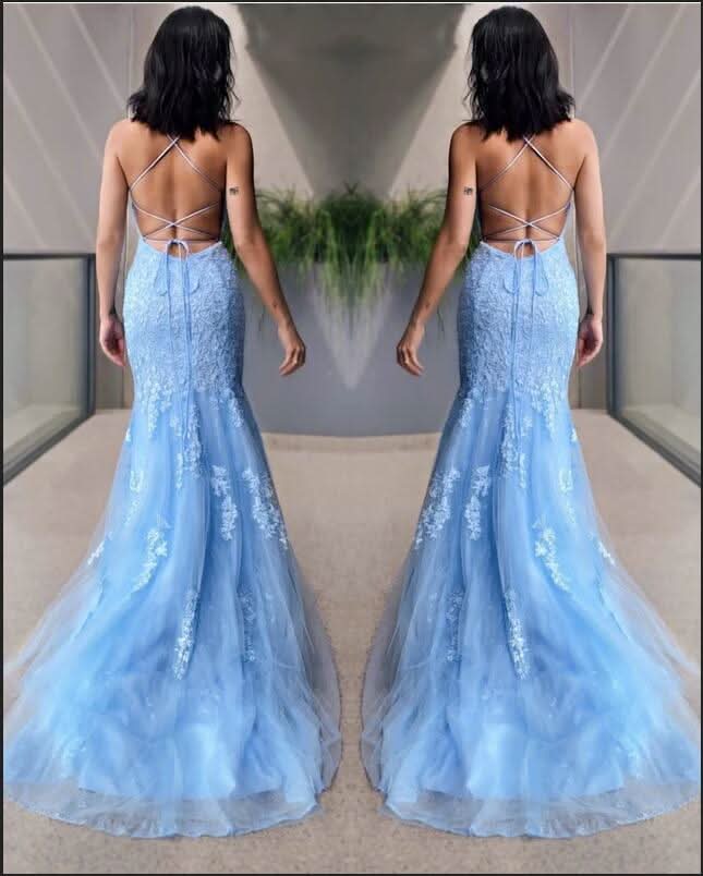 Sky Blue Halter Mermaid Prom Dress BM bride