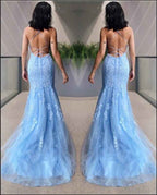 Classy Sky Blue Spaghetti Strap Halter Mermaid Prom Dress With Appliques