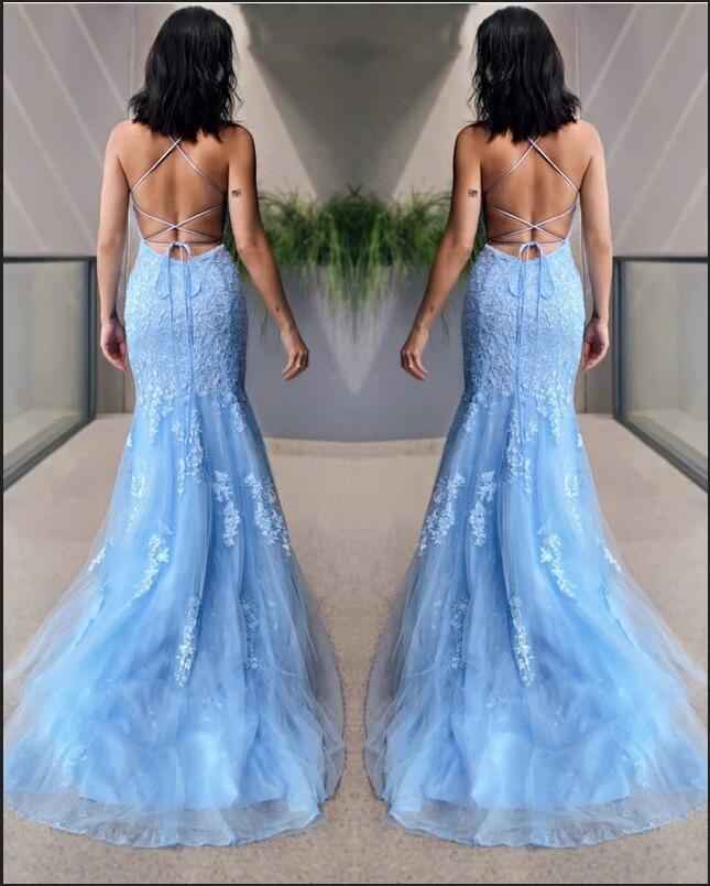 Classy Sky Blue Spaghetti Strap Halter Mermaid Prom Dress With Appliques
