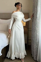 White Off the Shoulder Long Sleeves Long Prom Dress With Ruffles