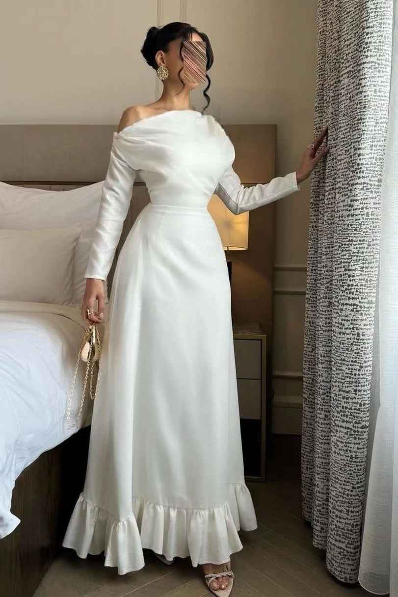 White Off the Shoulder Long Sleeves Long Prom Dress With Ruffles