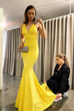 Yellow Backless Mermaid Evening Dress BM bride