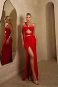 One Shoulder Sleeveless Sweetheart Split Long Prom Dress With Pleated