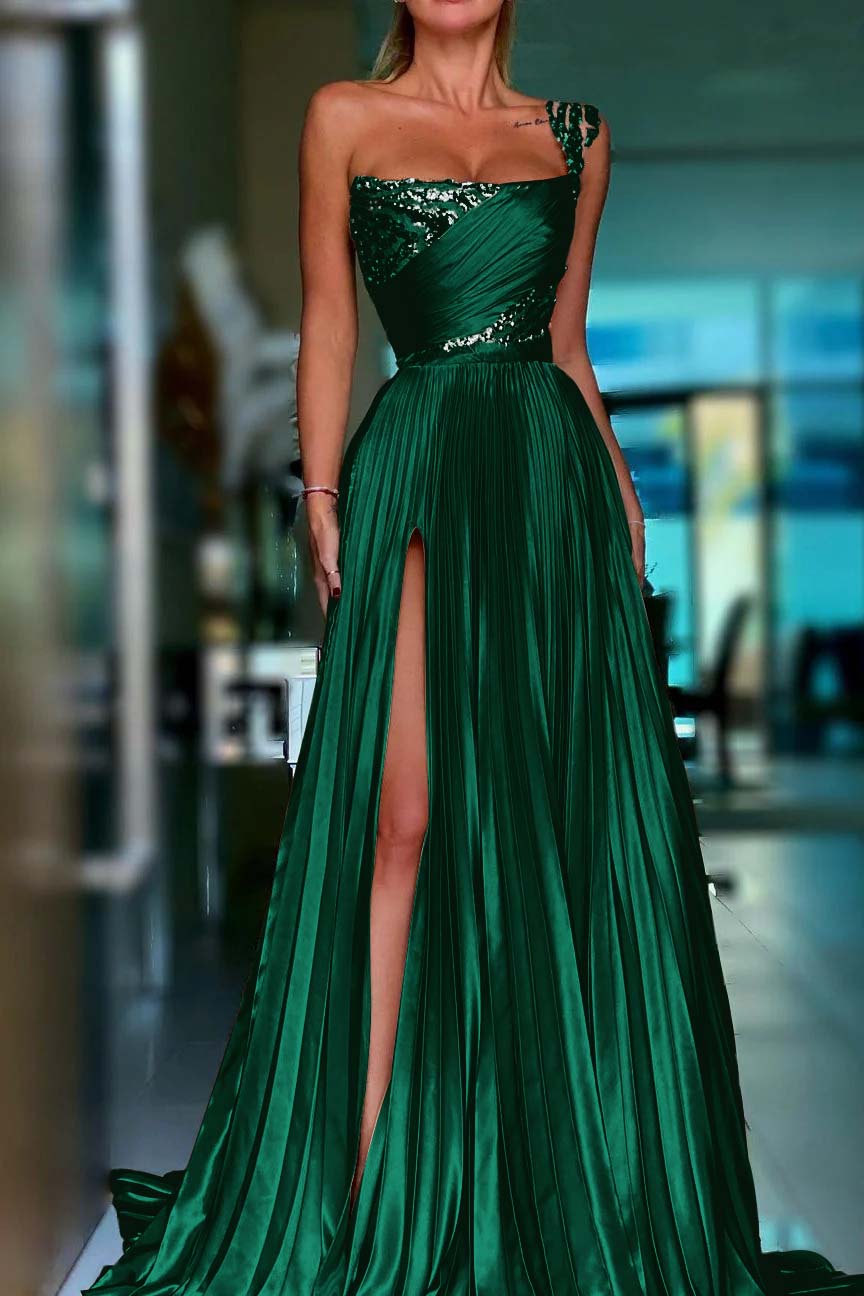 One Shoulder Sleeveless Long Prom Dress With High Split Sequins BMBRIDE
