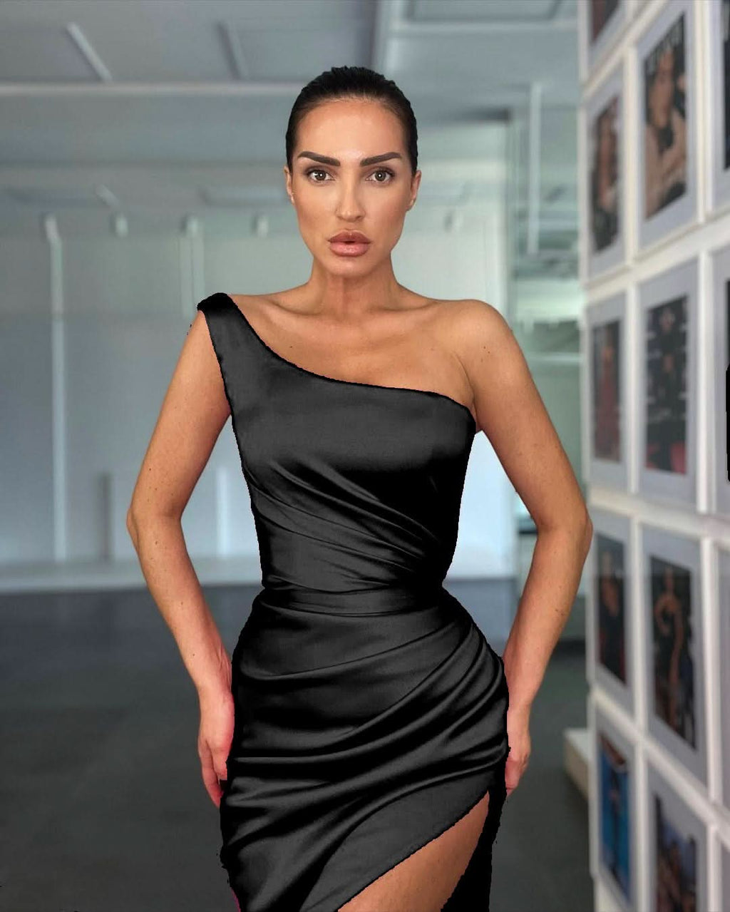 Elegant Rose One Shoulder Evening Dress with Sleeveless and Slit BM bride