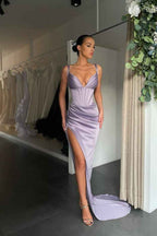 Modern Spaghetti Strap V Neck High Split Prom Dress Sleeveless With Pleated