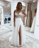 Long A-Line V-Neck Tulle Wedding Dress with Slit BM bride