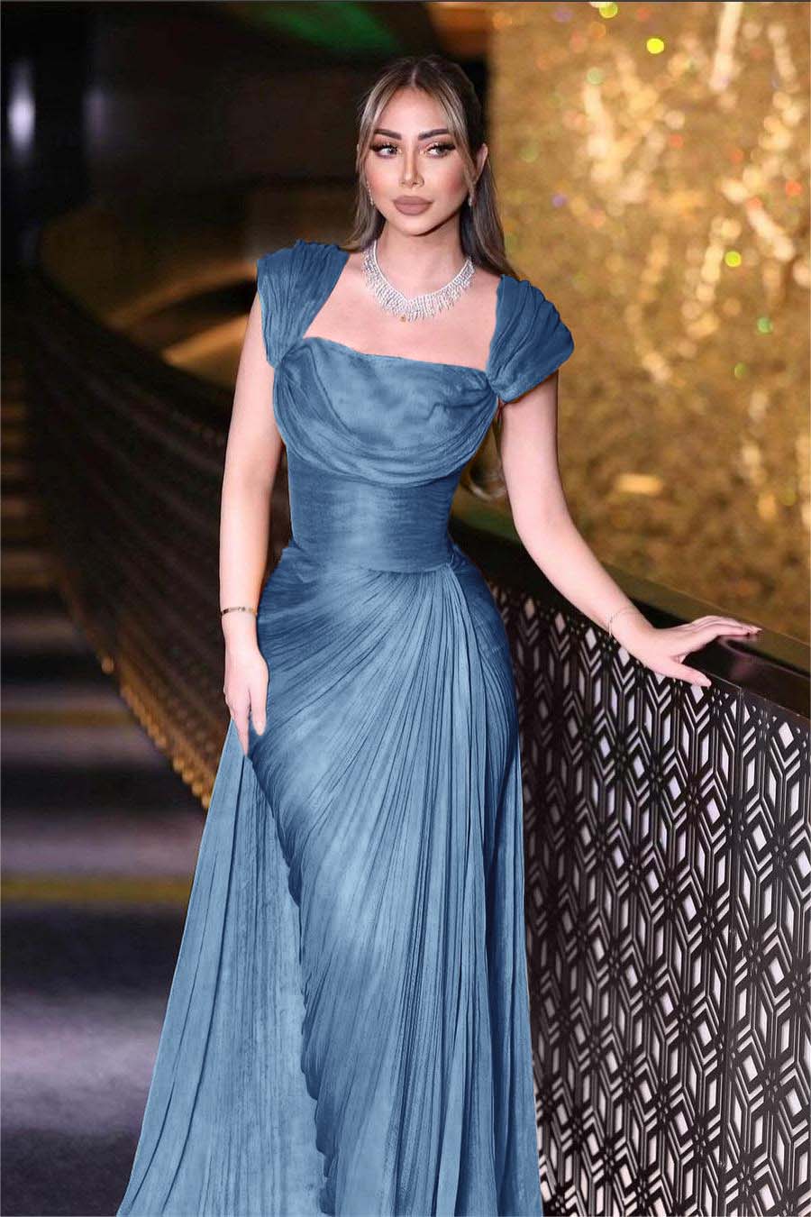Daffodils Square Neck Sleeveless High Waist Long Pleated Prom Dress With Split BMBRIDE