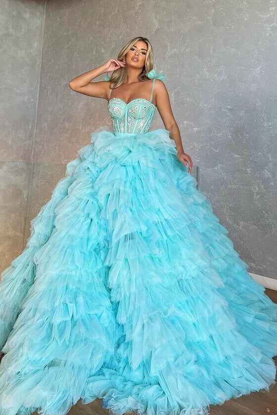 Spaghetti Strap Sweetheart Ball Gown Prom Dress Tulle With Appliques Layer