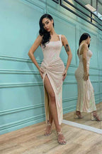 Elegant Shoulder Straps Mermaid Prom Dress Sequins With Split