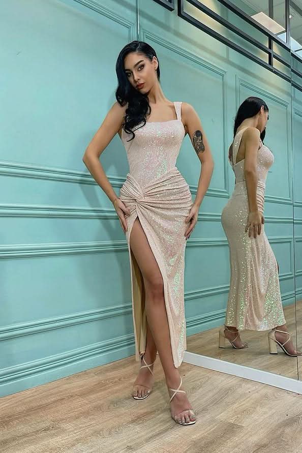 Elegant Shoulder Straps Sequins Mermaid Evening Dress with Split BM bride
