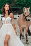 Spaghetti Strap Lace Wedding Dress with Detachable Sleeves and Split BM bride