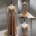 Elegant Taupe Prom Dress, Short Sleeves V-Neck A-Line BM bride