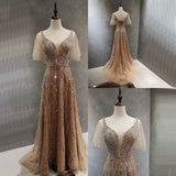 Elegant Taupe Prom Dress, Short Sleeves V-Neck A-Line BM bride