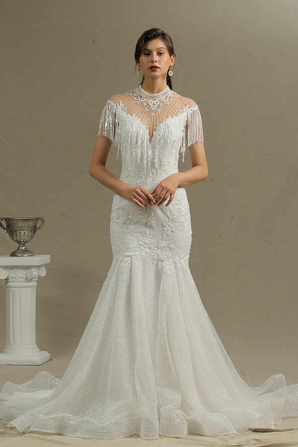 High Neck Mermaid Wedding Dress with Beading and Tassels BM bride
