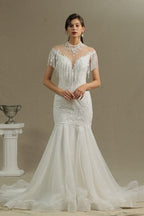 High Neck Mermaid Wedding Dress with Beading and Tassels BM bride