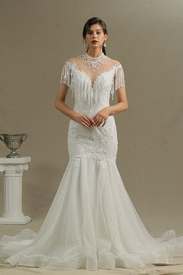 High Neck Mermaid Wedding Dress with Beading and Tassels BM bride
