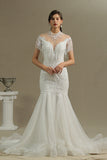 High Neck Mermaid Wedding Dress with Beading and Tassels BM bride