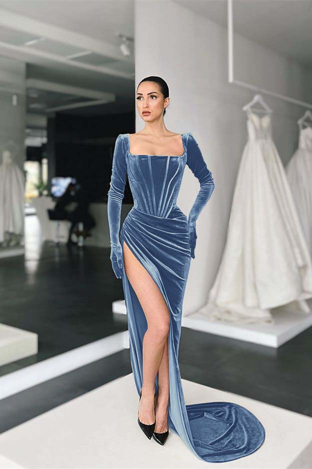 Stunning Square Neck Long Sleeves Pleated Long Prom Dress With Side Split BMBRIDE