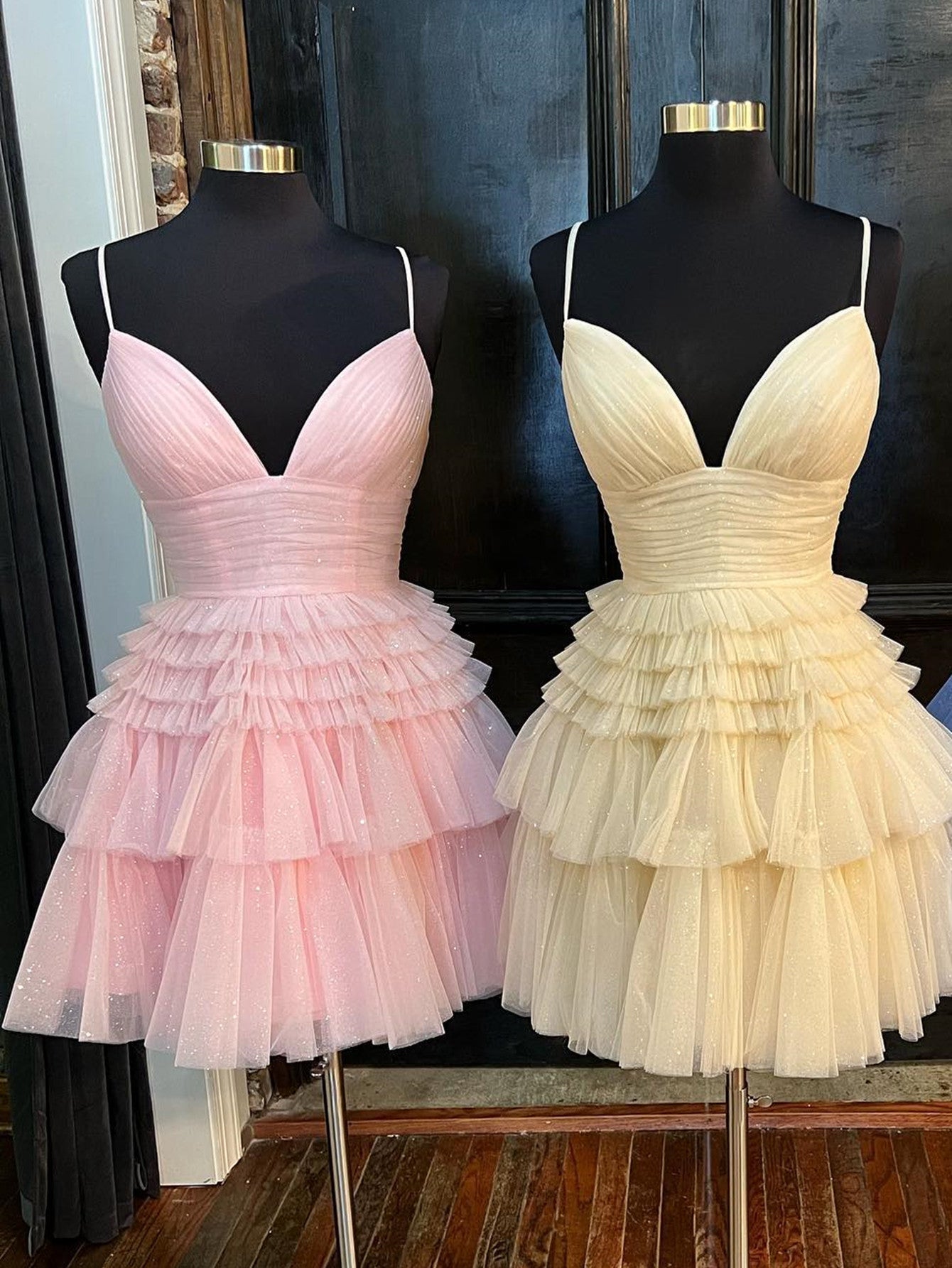 Deep V Neck Tiered A-Line Short Homecoming Dress BM bride