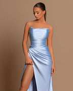 Elegant Light Blue Evening Dress Off The Shoulder with Pleated Slit Ball Gown BM bride