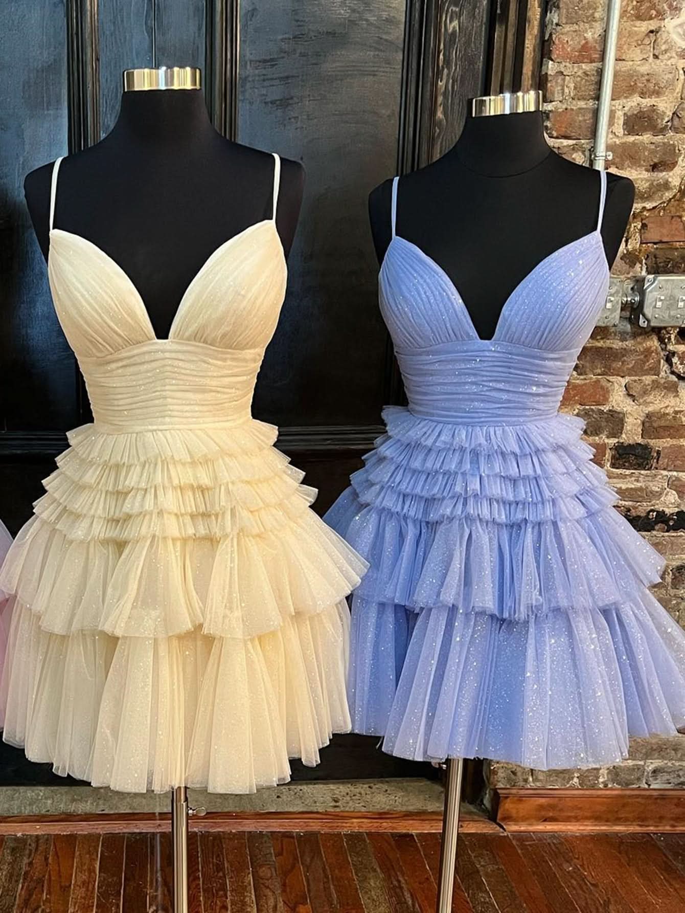 Deep V Neck Tiered A-Line Short Homecoming Dress BM bride