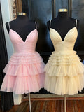Deep V Neck Tiered A-Line Short Homecoming Dress BM bride