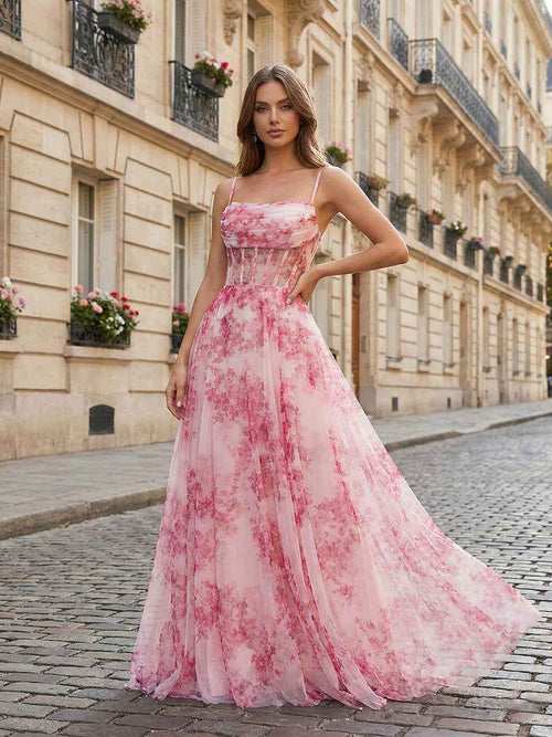 Pink Floral Corset Tulle Long Prom Dress with Delicate Spaghetti Straps BMBRIDE