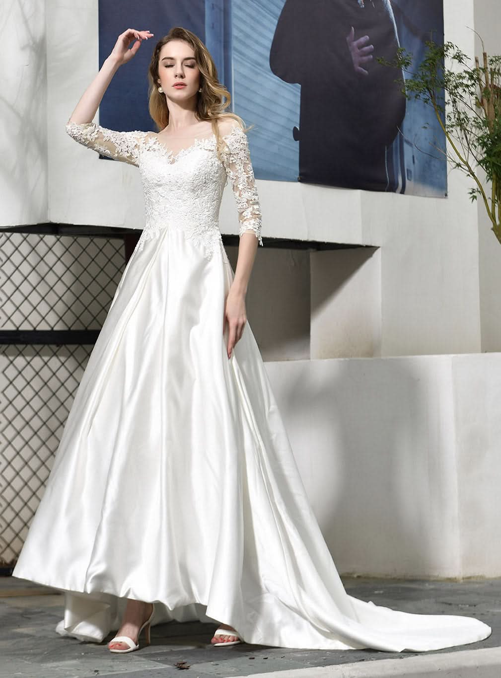 A-line Satin 3/4 Sleeves Ankle Length Chapel Train Wedding Dress BMbride