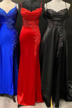 Stunning Red Spaghetti Strap Appliques Mermaid Long Dress with Slit BM bride