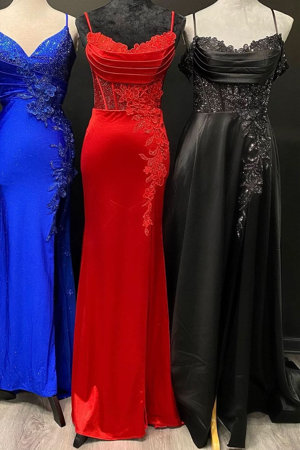 Stunning Red Spaghetti Strap Appliques Mermaid Long Dress with Slit BM bride