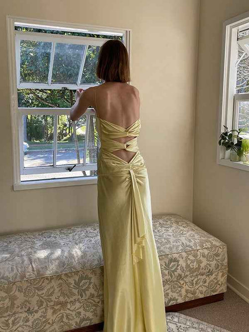 Yellow Sheath Spaghetti Straps Long Prom Party Dress with Keyhole Back BMBRIDE