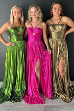 Modern Metallic Keyhole Spaghetti Strap Long Prom Dress with Slit BM bride