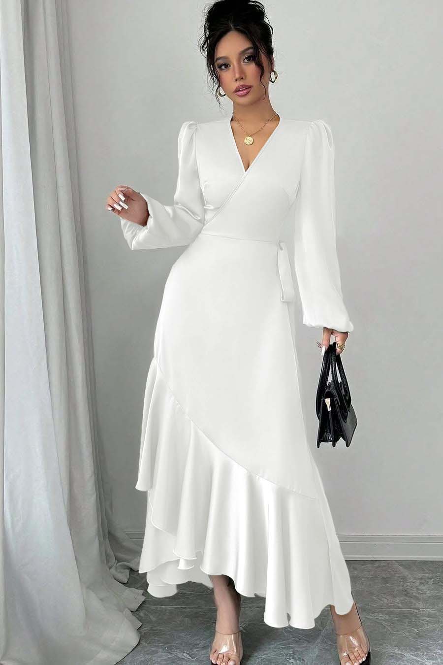Shinning Long Sleeves V Neck Long Prom Dress With Ruffles Pleated