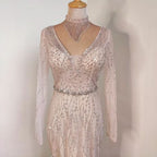 Luxury Champagne Sequin Beading Evening Dress with Long Sleeves and Backless Design BM bride