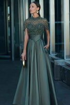 High Neck Short Sleeves Long Prom Dress With Beading Pockets