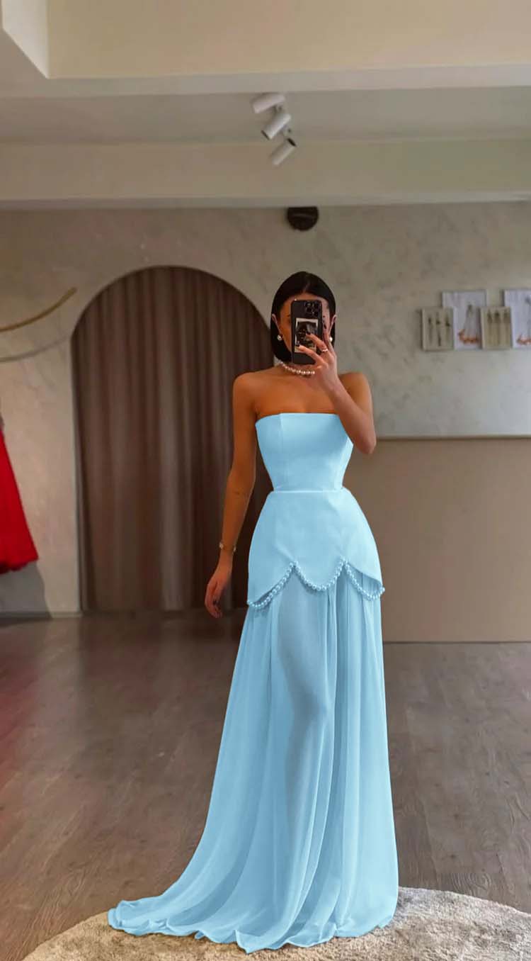 White Strapless Sleeveless Long Prom Dress With Pleated Beading BMBRIDE