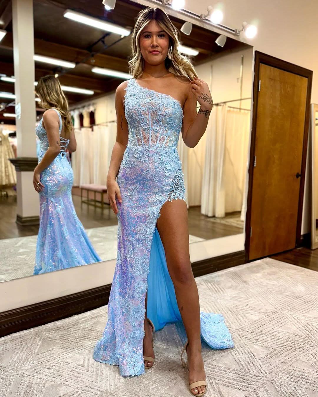 Cute Mermaid One-Shoulder Light Blue Lace Long Prom Dress with Appliques BM bride