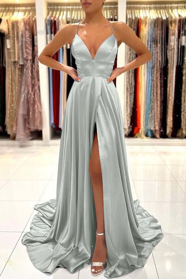 Simple Blue A Line Sleeveless Spaghetti Strap Split Prom Dress With Open Back BMBRIDE