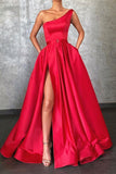One Shoulder Red Prom Dress with Split and Pockets BM bride