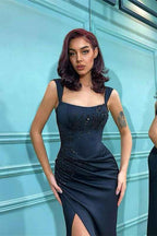 Mermaid Black Straps Sleeveless Appliques Prom Dress Long With Front Split