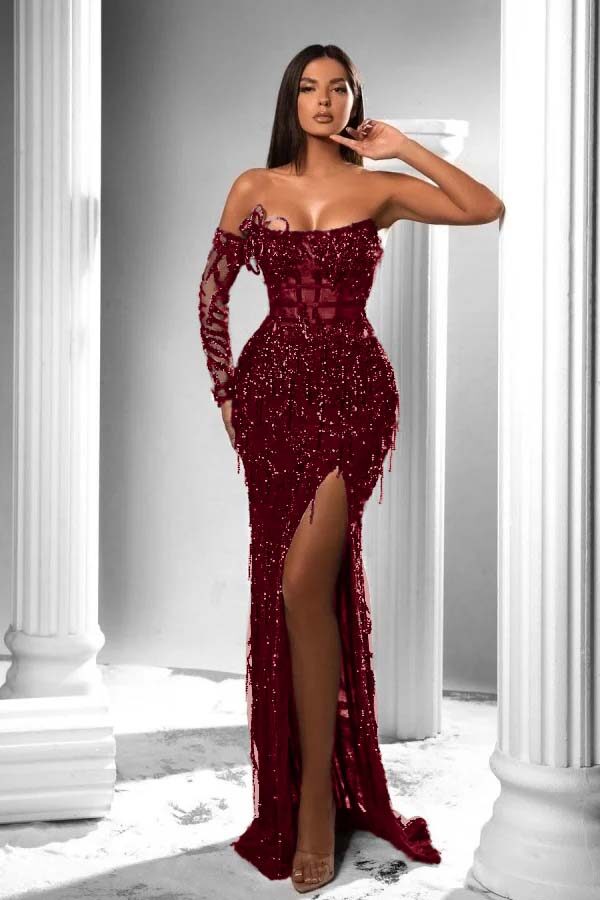 Strapless Long Sleeve High Split Long Prom Dress With Appliques BMBRIDE