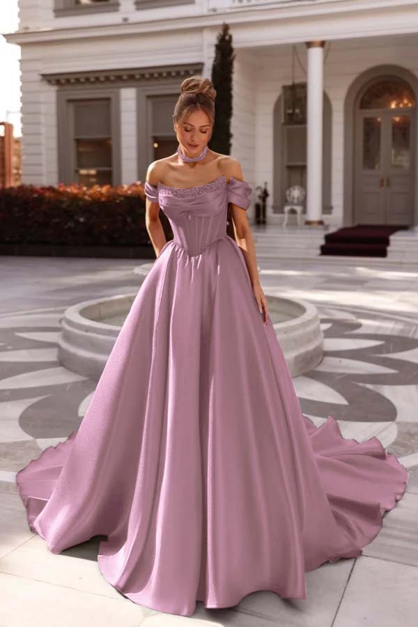Off the Shoulder Sleeveless Long Prom Dress With Pleated Beading